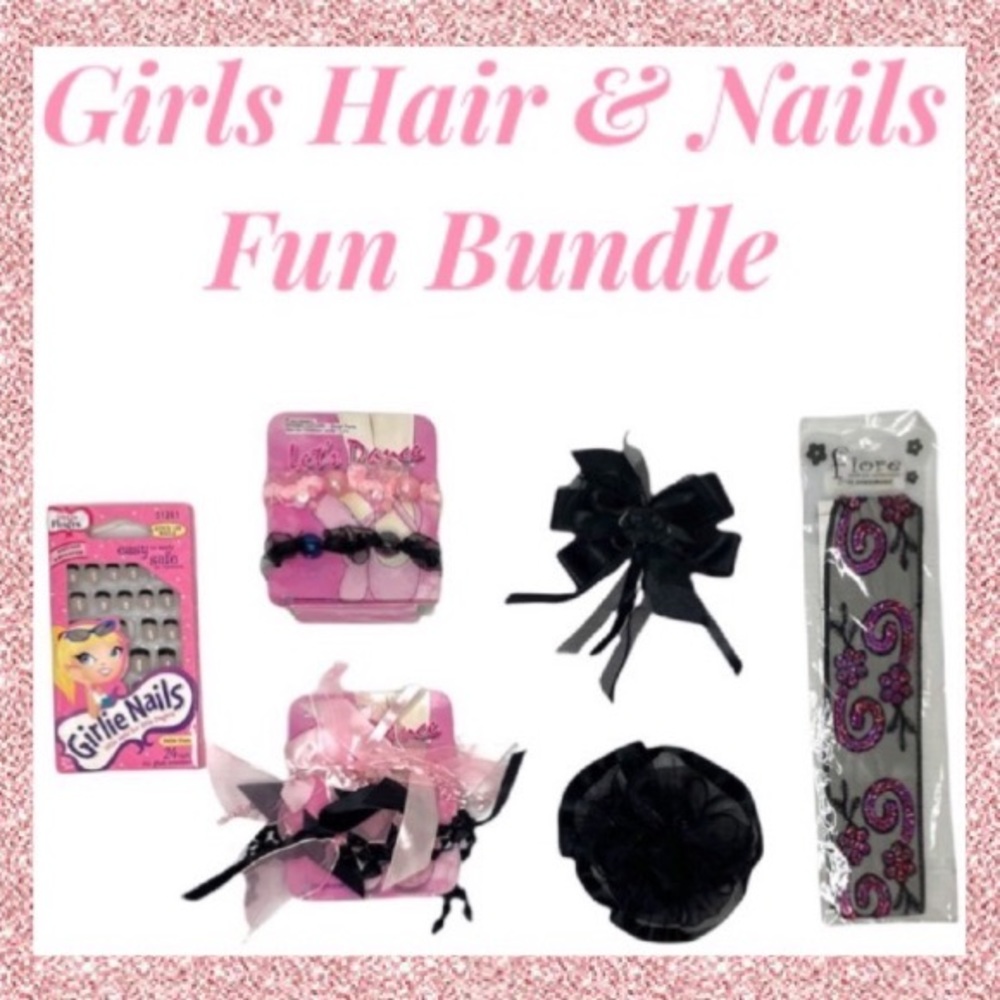Little Girls Hair & Beauty Bundle Press On Nails Accessories Gift Set Black Pink